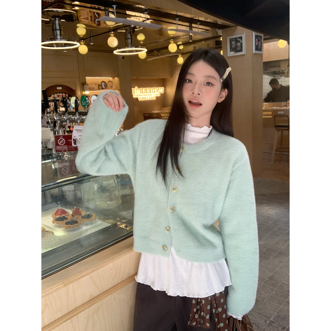 宋正恩韩系仿水貂宽松毛衣开衫外套女冬季新款韩系百搭高级感上衣