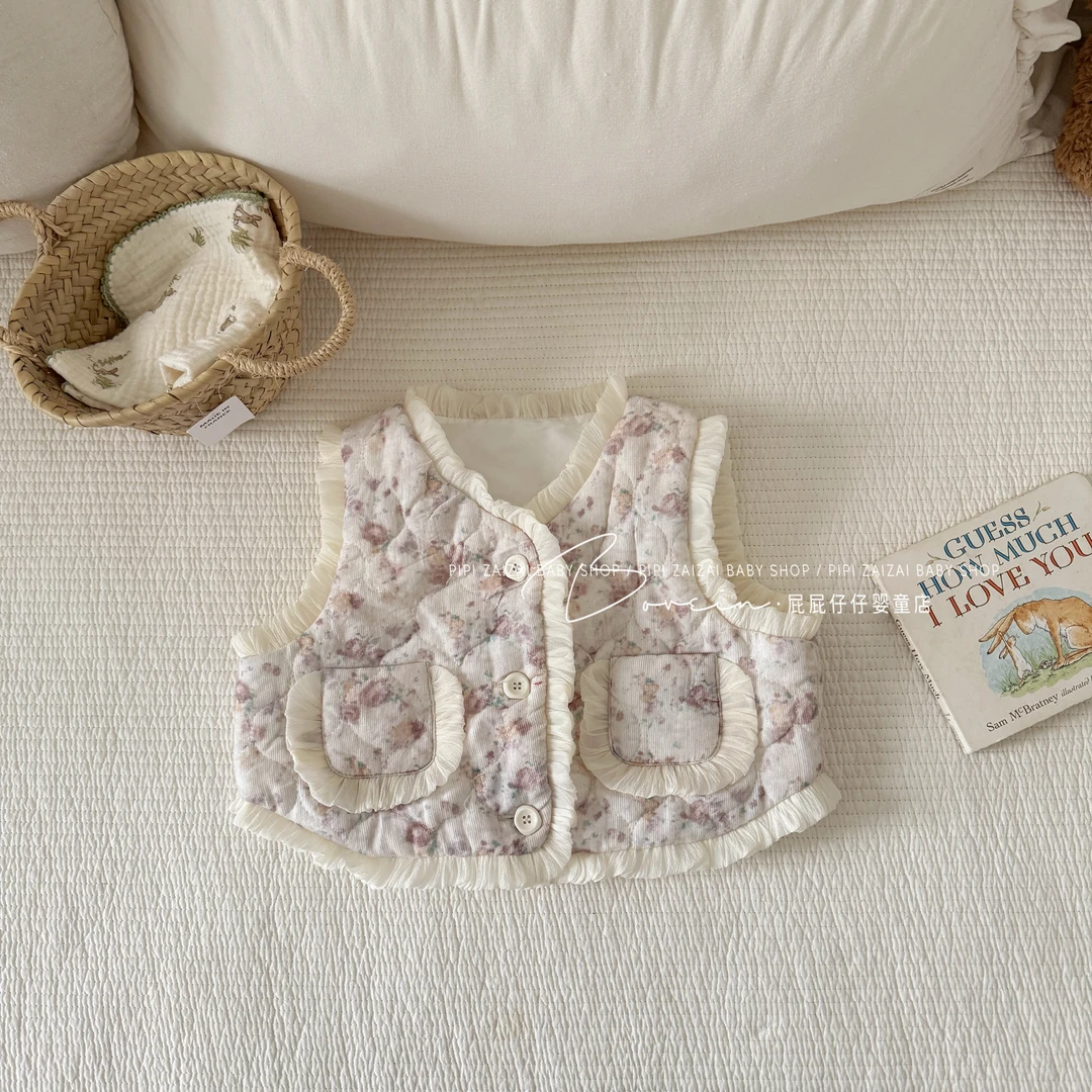 春秋季网红宝宝碎花开衫马甲婴幼儿甜美花边绗棉绒布马夹背心外穿