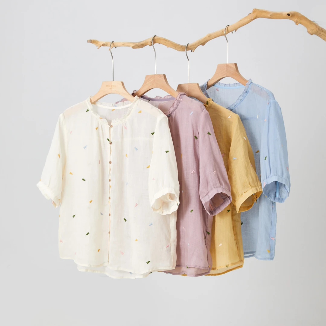 100%苎麻心型刺绣木耳领短袖宽松衬衣夏季气质文艺衬衫上衣