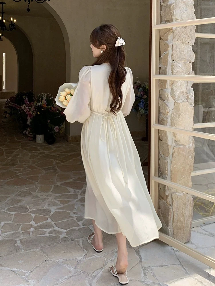 微胖温柔韩版连衣裙圆领女装泡泡袖中长款