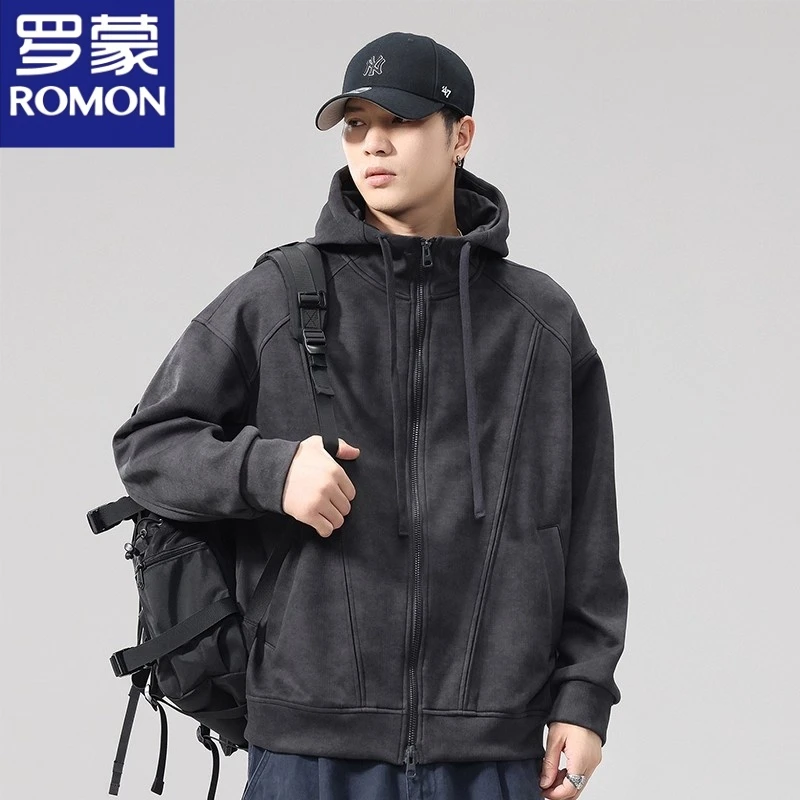 罗蒙美式潮牌外套2025秋季新款宽松休闲重磅开衫卫衣外穿连帽夹克