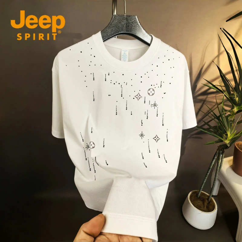 JEEPSPIRIT轻奢纯棉短袖T恤男夏季重工烫钻潮流百搭宽松圆领半袖