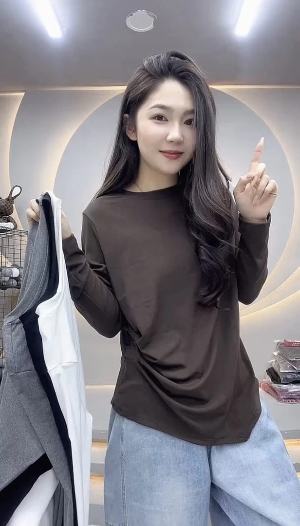 2025春季新款不规则下摆T恤时尚舒适长袖圆领薄打底衫上衣