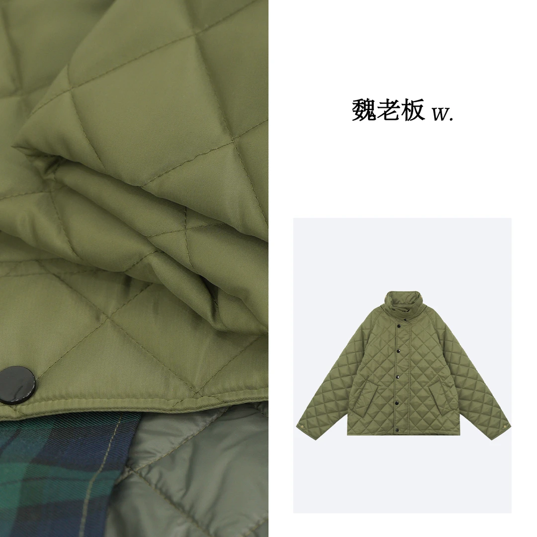 W.Diva【如云】绿色宽松百搭舒适翻领菱形格纹棉服外套51C271308