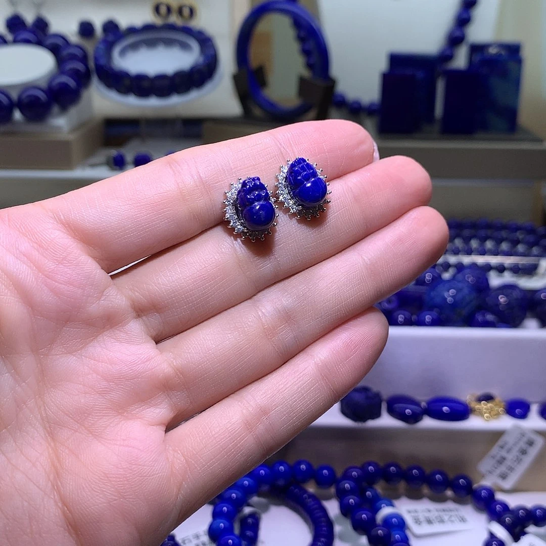 青金石合金天然原矿耳钉