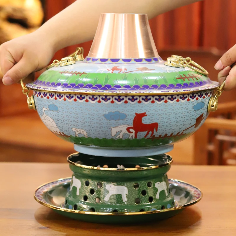 环保油珐琅铜火锅景泰蓝老北京酒精紫铜高端商用铜锅鸳鸯分体新款