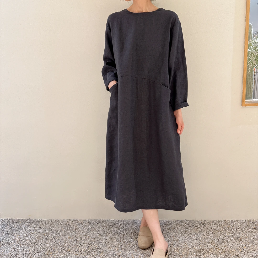 春季新款100亚麻长袖落肩H版松驰女士宽松连衣裙休闲舒适透气性好