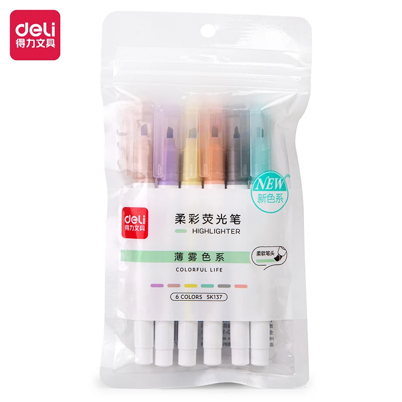 Deli/得力SK137软头柔彩荧光笔薄雾色系(混)(6支/袋)