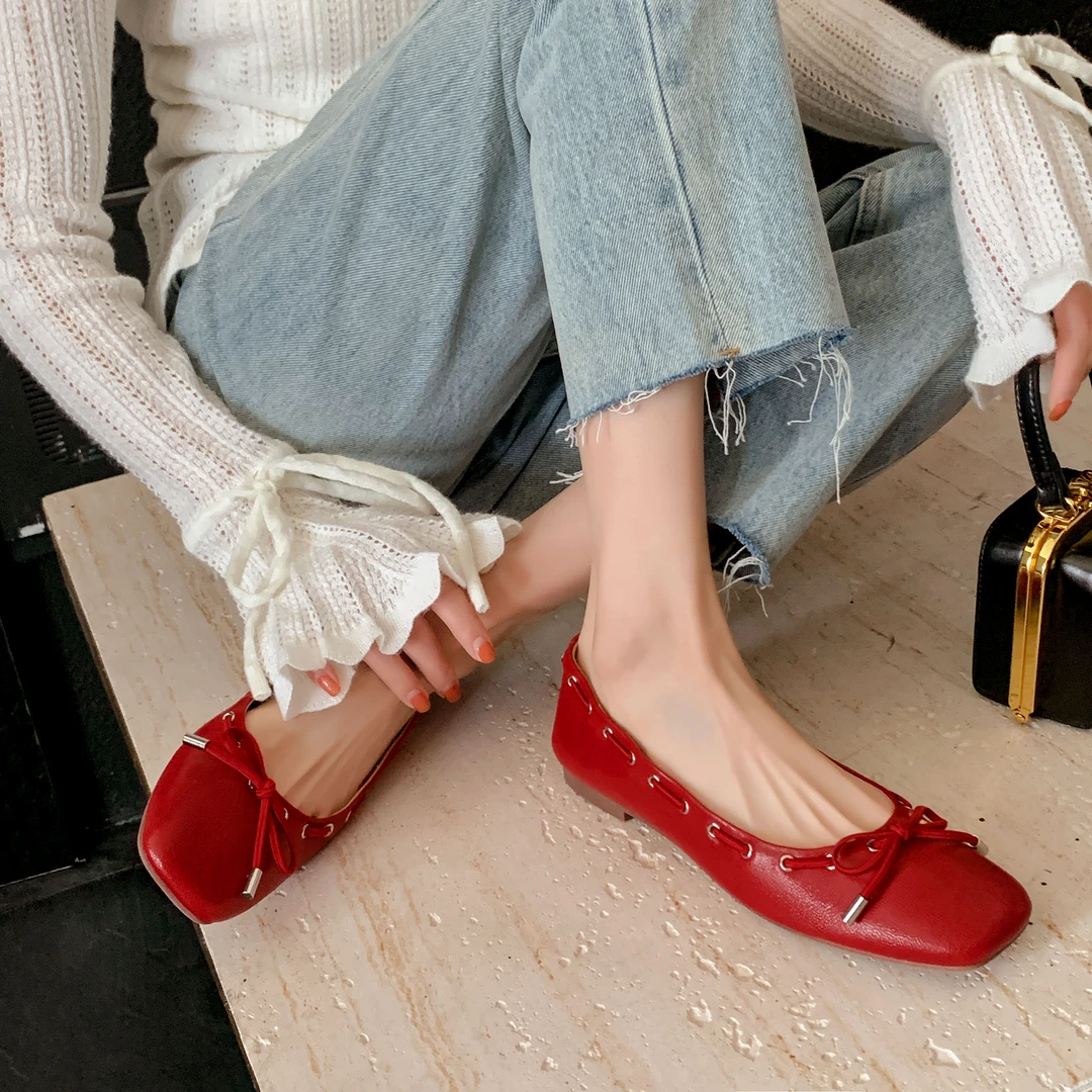 BOYA一脚蹬小皮鞋女平底芭蕾舞鞋夏天穿裙子专用鞋子红色法式单鞋