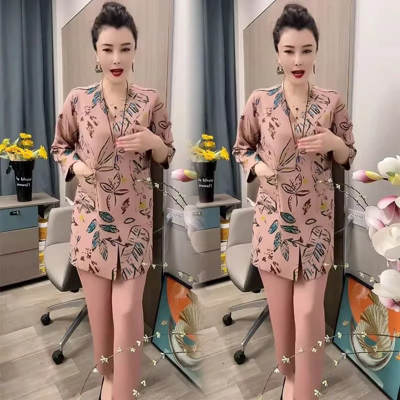 时尚套装女2025春季新款洋气v领中长款开叉上衣小脚裤休闲两件套