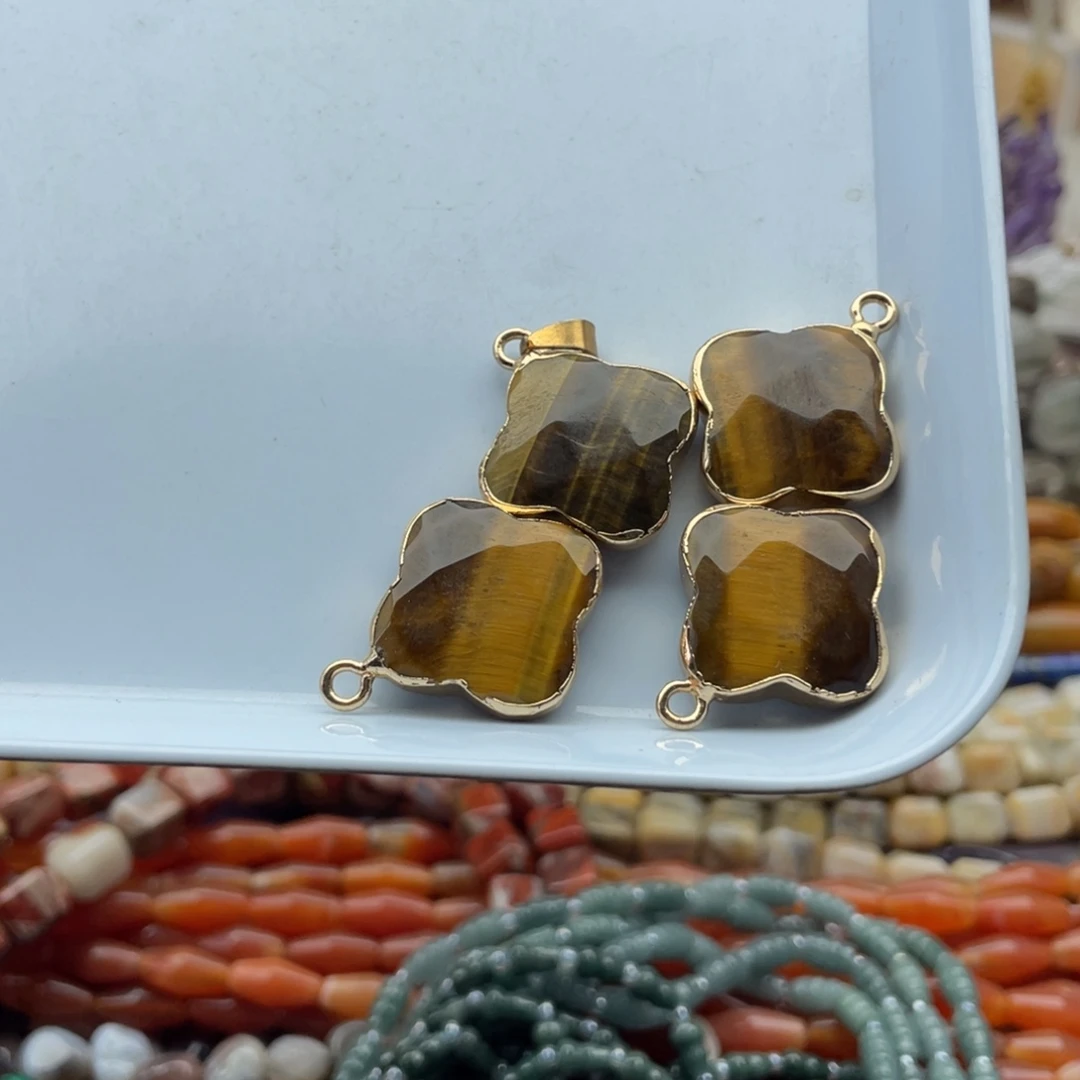 玛瑙/玉髓合金珠宝半成品一个装虎眼四叶草吊坠卡24mm