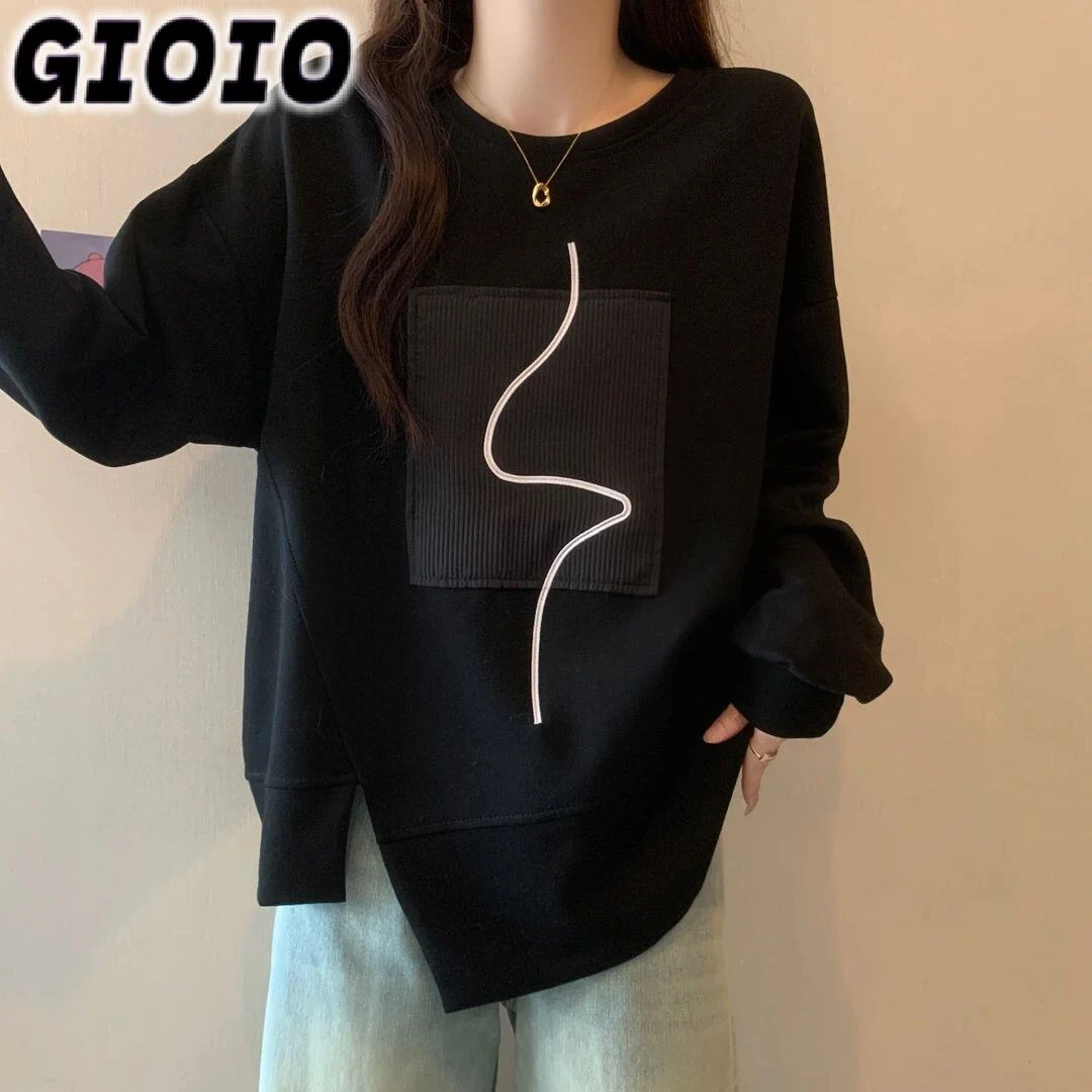 GIOIO大码女装遮肚子不规则宽松长袖卫衣女秋冬胖妹妹显瘦开叉别