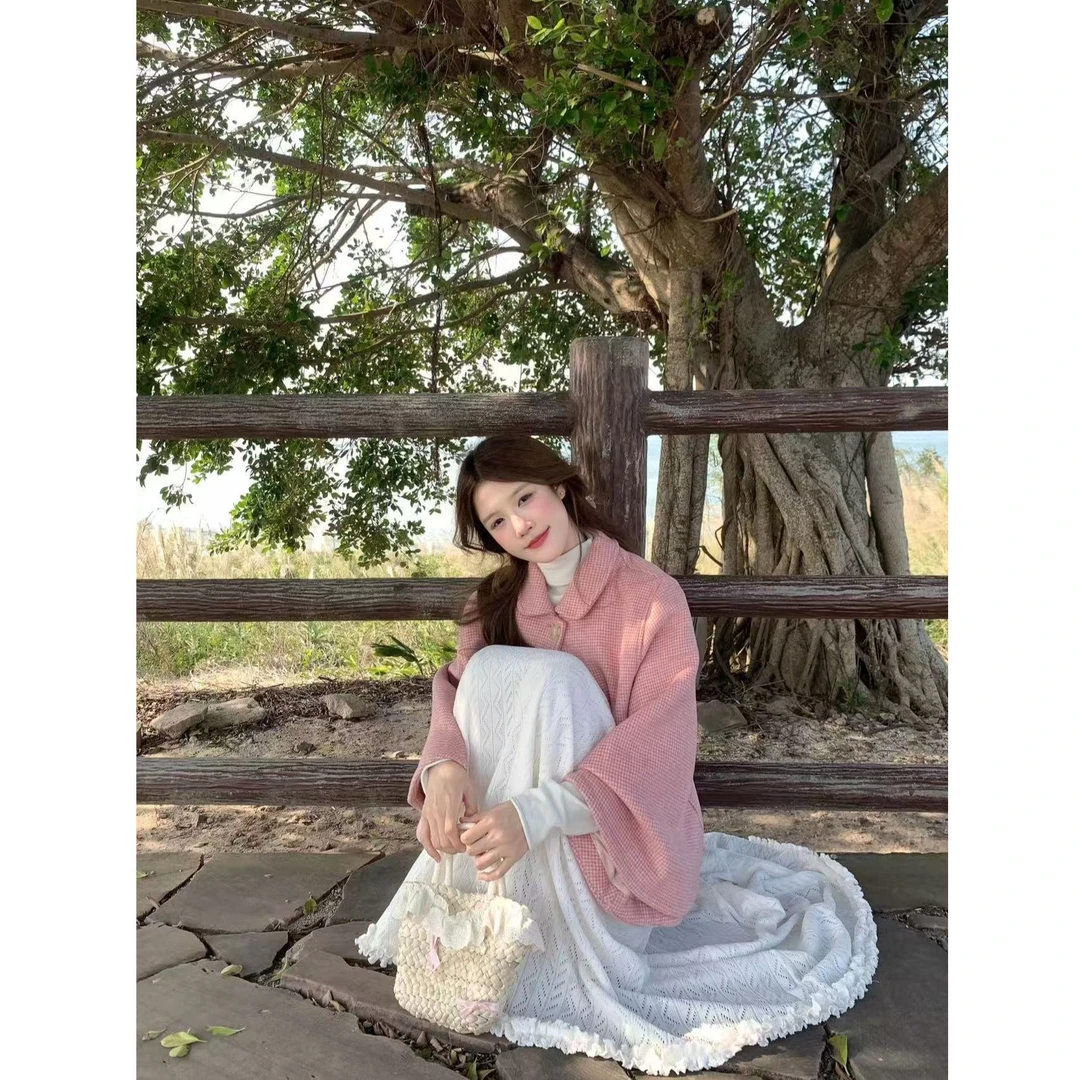 温柔少女感千鸟格娃娃领斗篷外套新款设计感百搭呢子上衣半裙套装