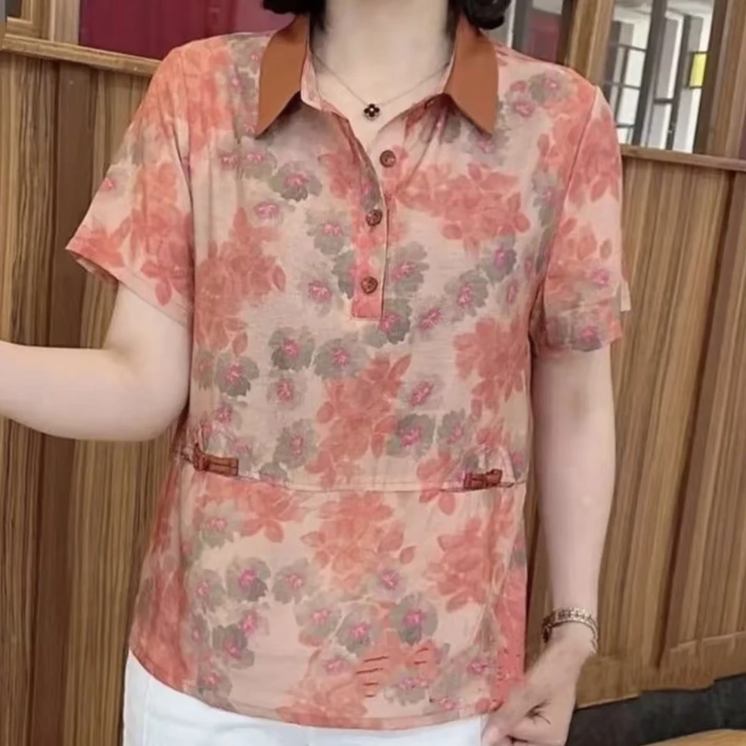 2025夏季新款时尚减龄气质显瘦短袖妈妈装假口袋洋气T恤衫