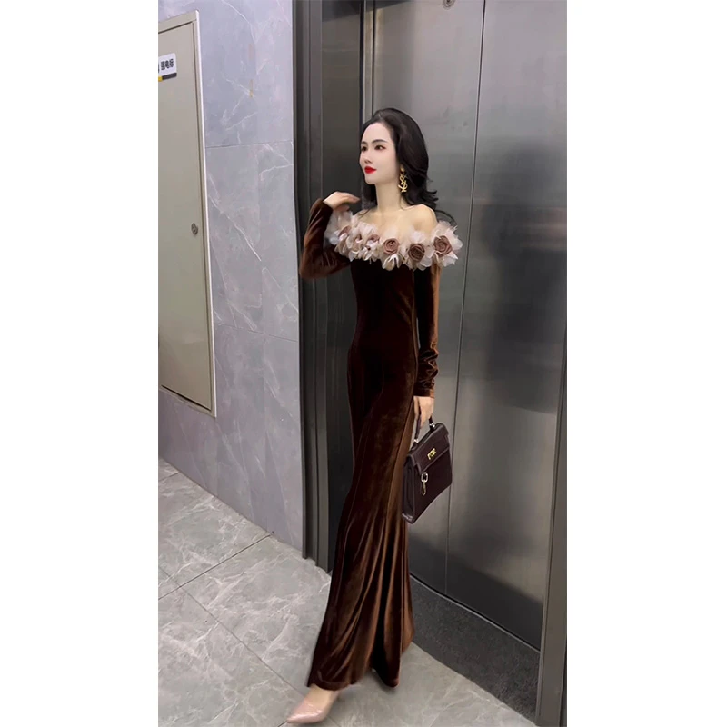 冬季新款丝绒接拼气质鱼尾设计感连衣裙轻奢名媛年会晚礼服251027