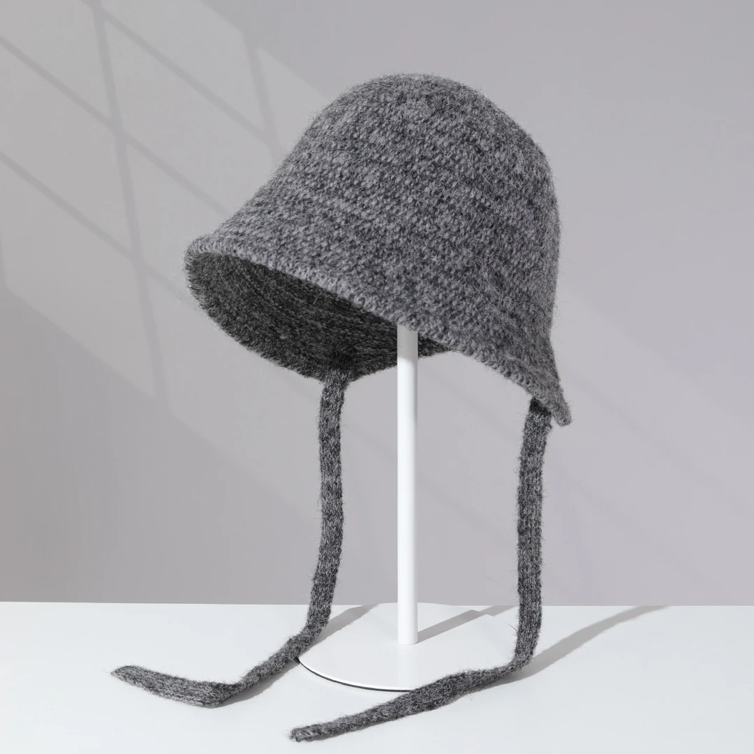 定制加大复古长系带针织渔夫帽女秋冬防风护耳遮脸显脸小盆帽