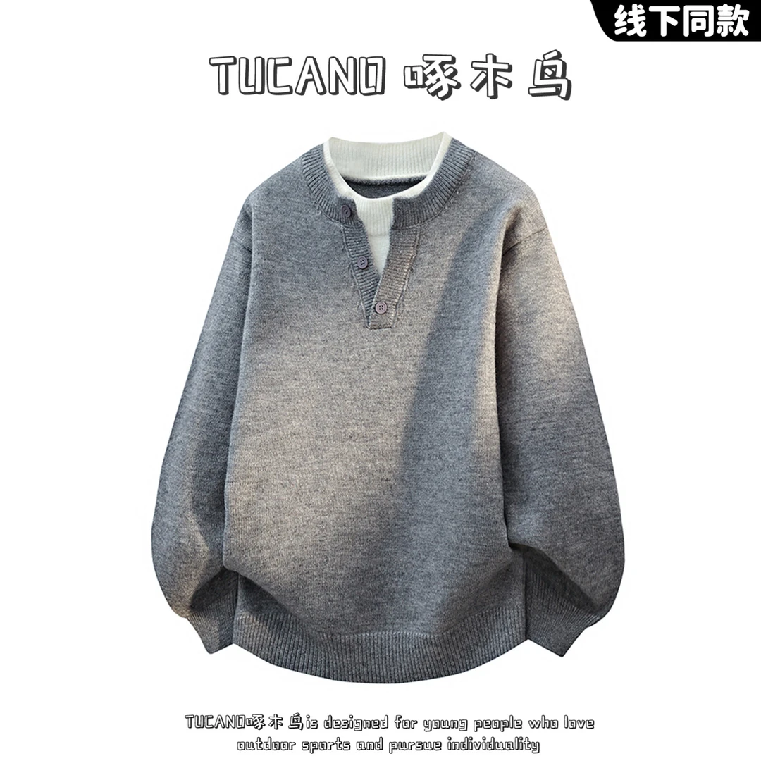 啄木鸟红色亨利领纽扣套头毛衣男秋冬假两件针织衫休闲慵懒风上衣