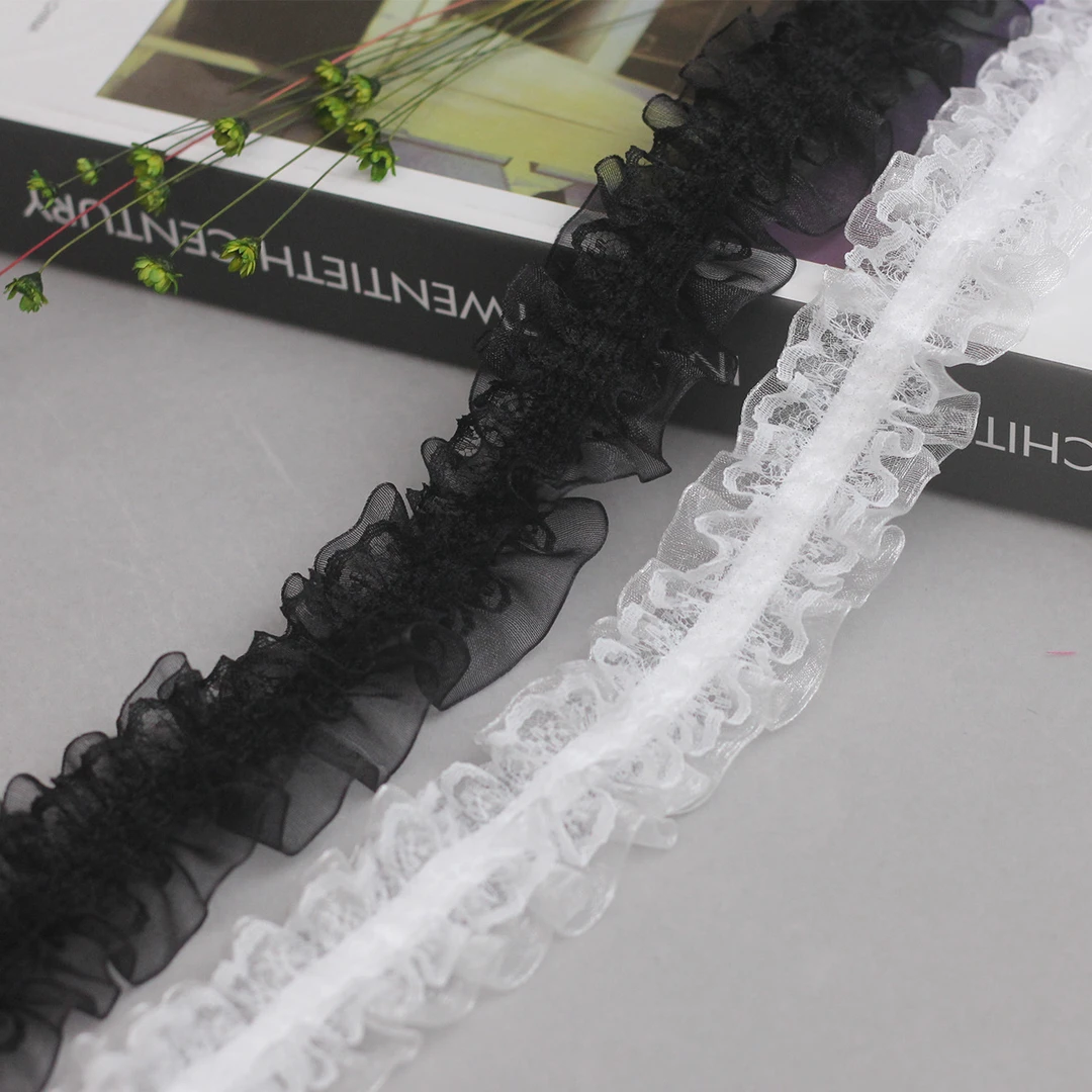 荷叶边三层织百褶蕾丝边柔软弹力发圈头饰装饰松紧花边铺装料丝带