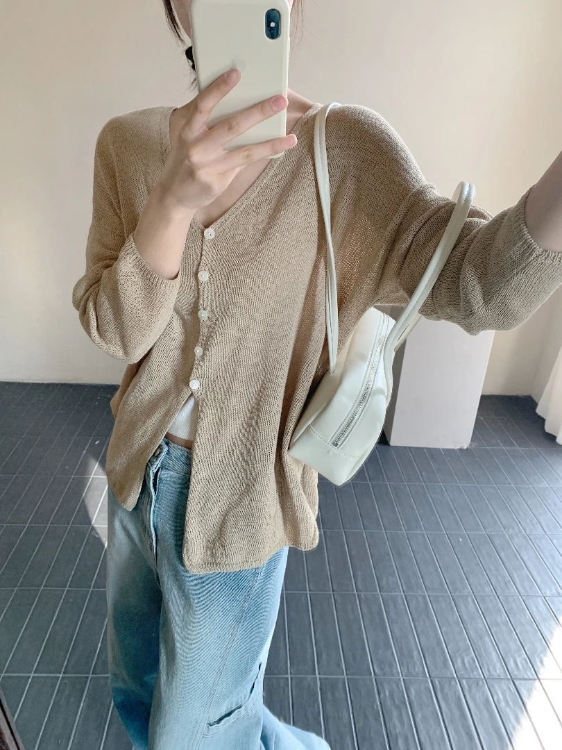 【潘潘.808859】2025年夏季新款进口高端和纸纱V领长袖针织开衫