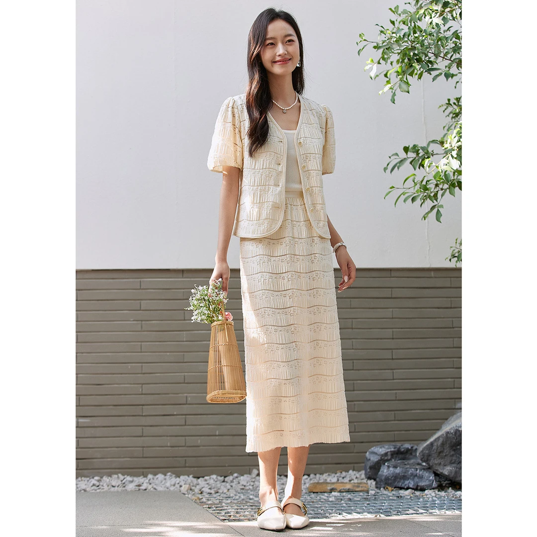 欧昵雪【粉丝专享】DQ635气质优雅温馨蕾丝衫半身裙套装