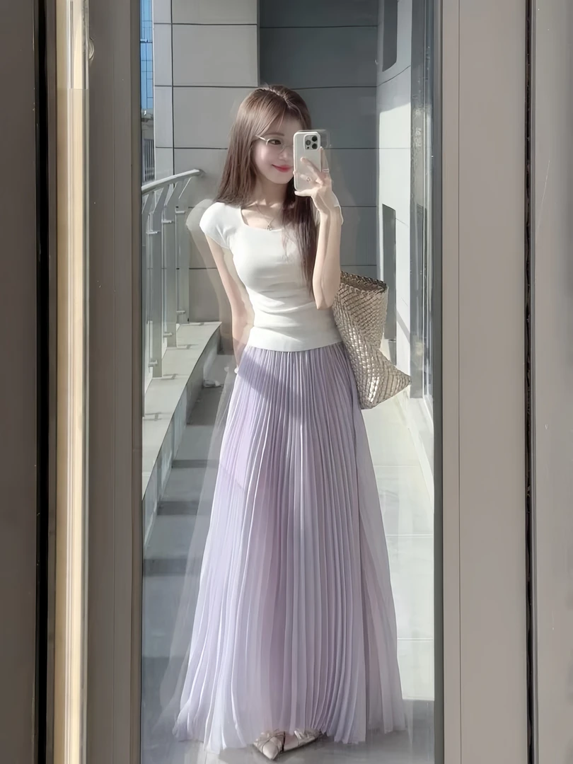 夏季女装套装2025新款温柔风针织短袖上衣高腰紫色垂感百褶半身裙