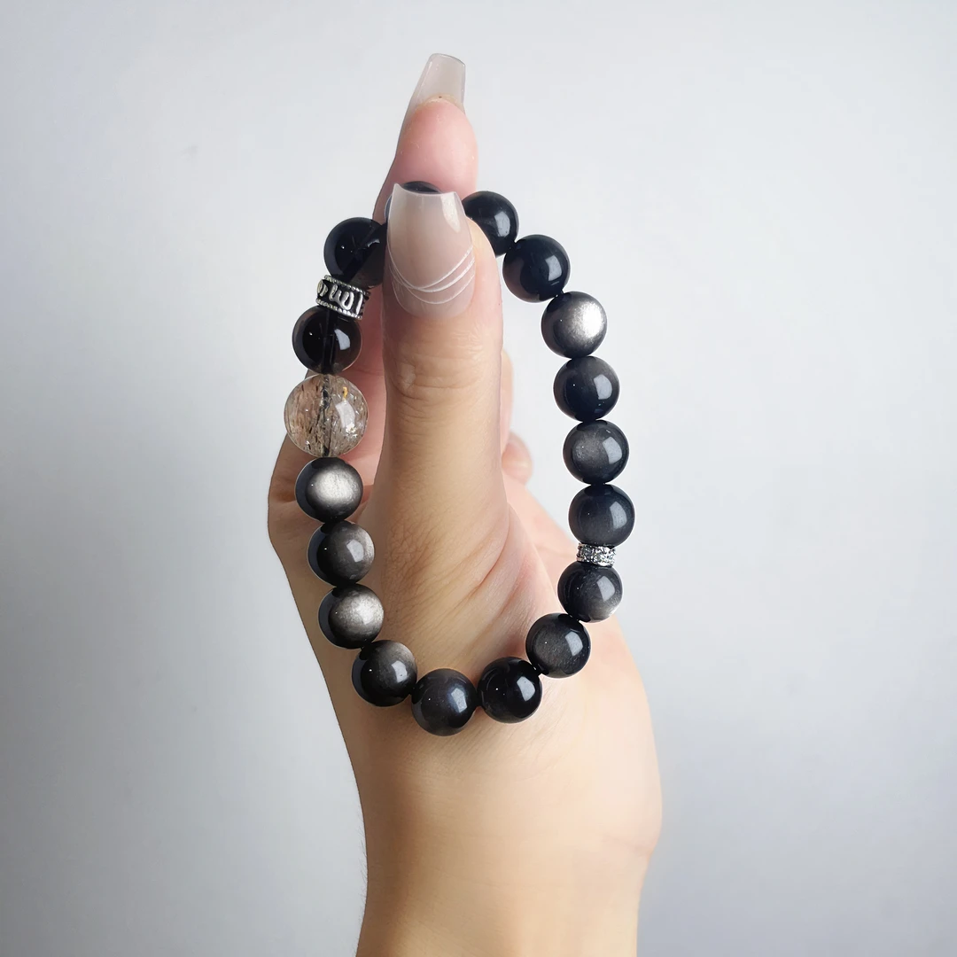 天然10mm银曜石搭12mm黑金超七设计款手链 礼盒装