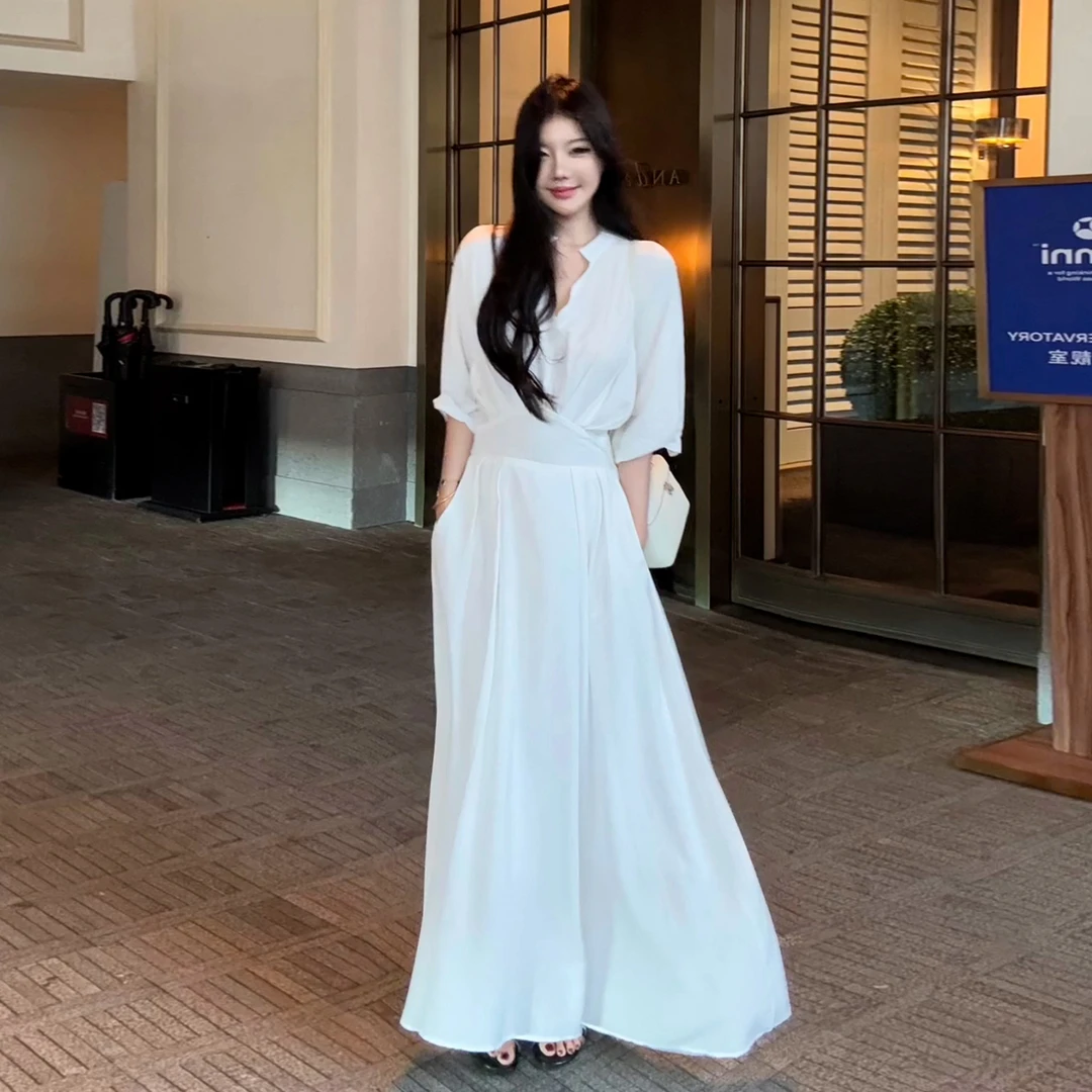 法式白色衬衫连衣裙子女夏季2025新款今年流行爆款收腰高级感长裙