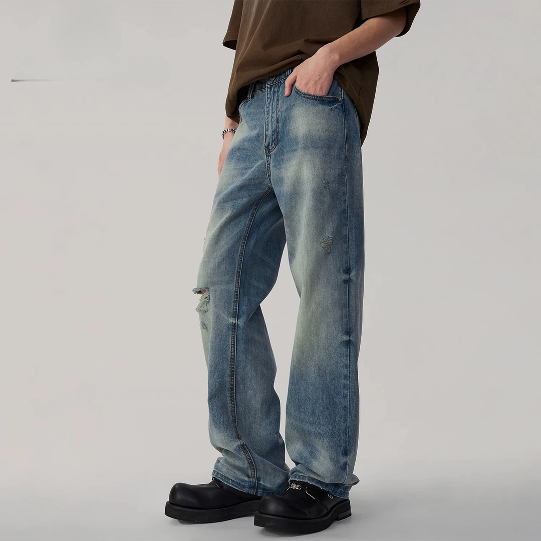 Cebrodz2025春季新款破洞牛仔裤男士高街休闲宽松阔腿直筒长裤