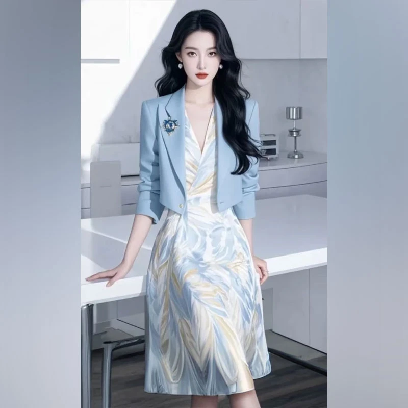 夏季新款轻奢高级感财阀千金连衣裙轻熟蓝色西装外套连衣裙套装