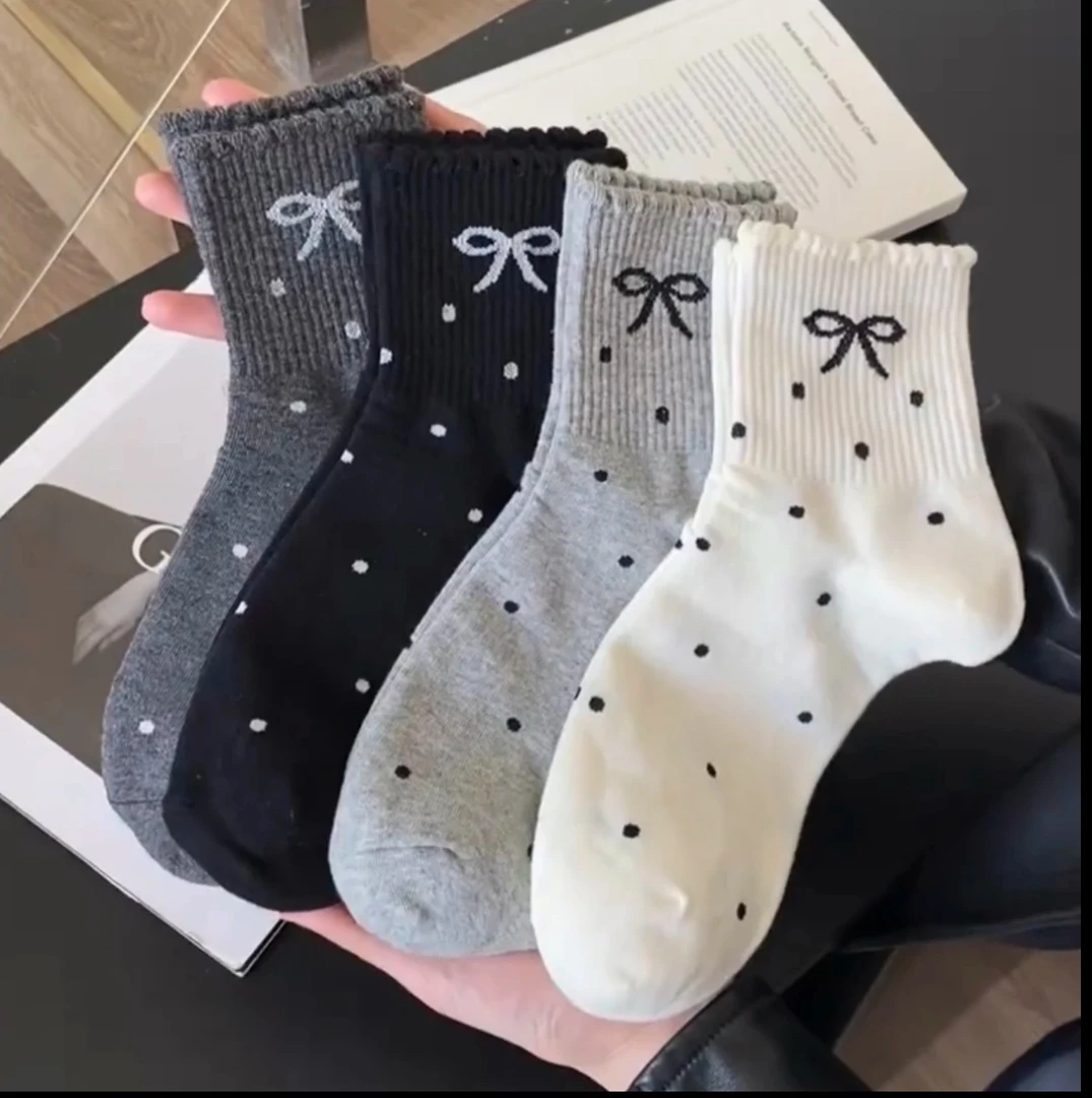 【8双福利】波点蝴蝶结女袜四季款miu系堆堆袜长筒袜日系花边中筒袜