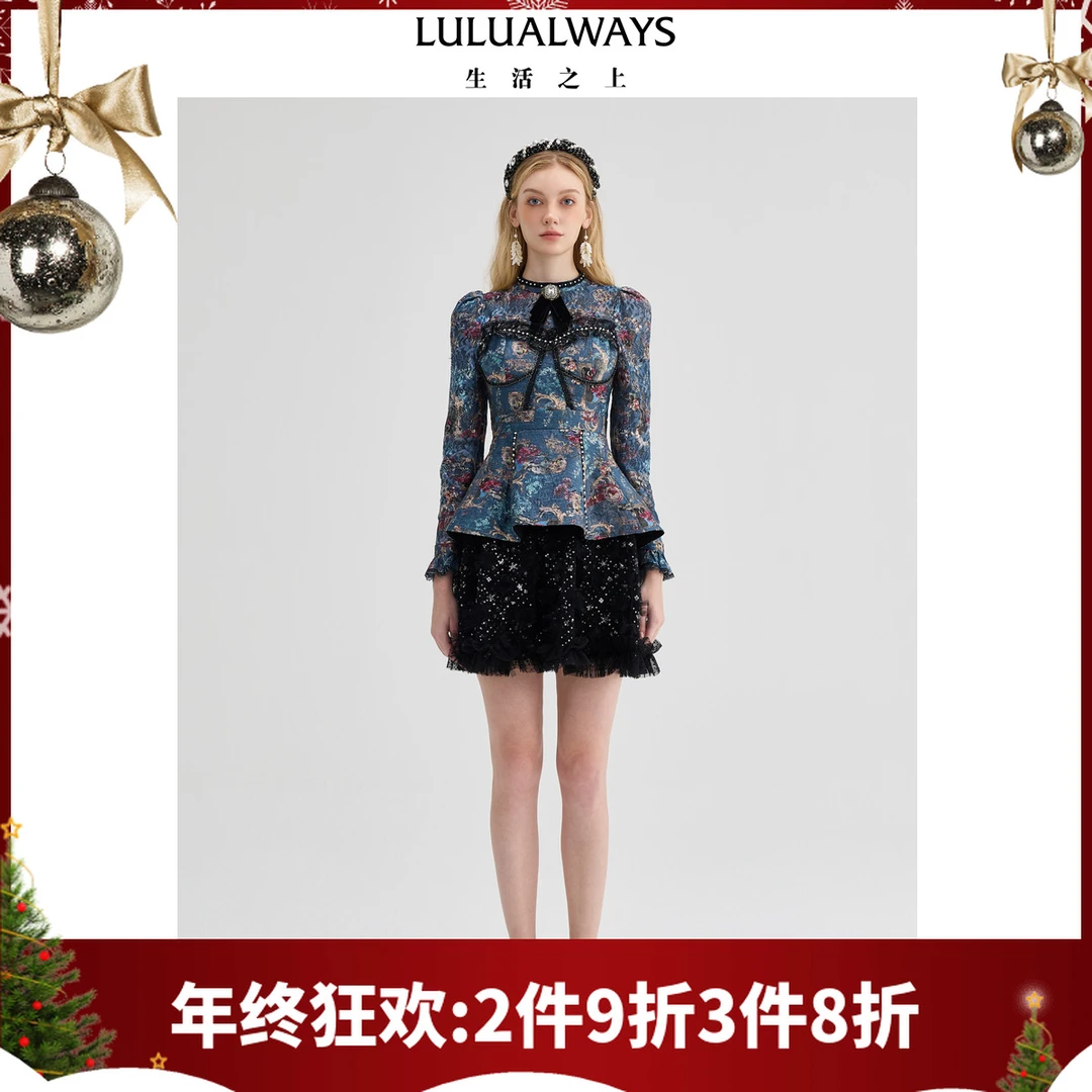 LULUALWAYS【商场同款】24冬季新款华丽重工复古拼接印花连衣裙女