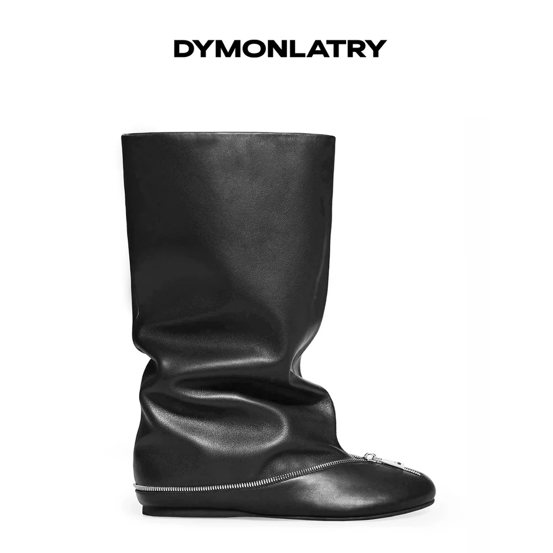 DYMONLATRY 2025早秋新款拉链宽筒堆堆靴圆头中筒靴女