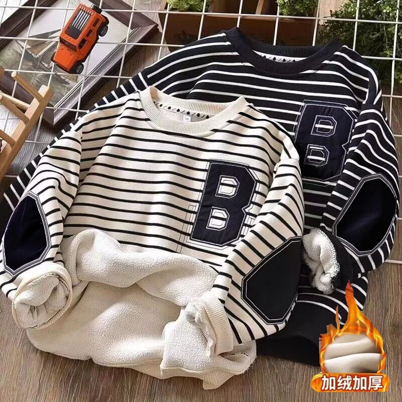 儿童加绒条纹卫衣2025秋冬男女童韩版休闲上衣中大童套头打底衫