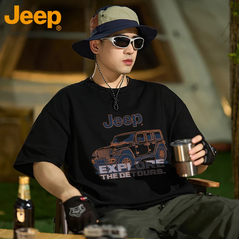 JEEP/吉普短袖T恤男士夏季纯棉圆领印花宽松美式潮牌衣服半袖体恤