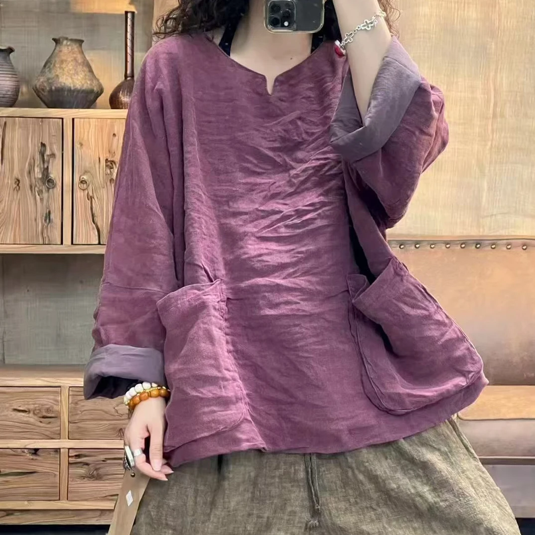 秋季亚麻炒色立体口袋双层休闲女装上衣(长63胸围146)