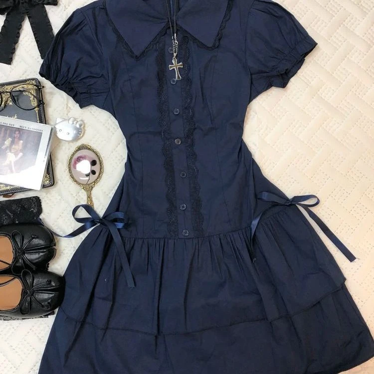 vintage复古穿搭学院风蕾丝边拼接蓝色复古衬衫连衣裙古着风短裙