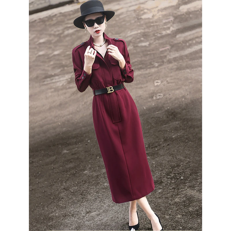 MEXCOCO/兰瑟儿秋季新款气质通勤长袖纯色显瘦开叉连衣裙M4WL2149