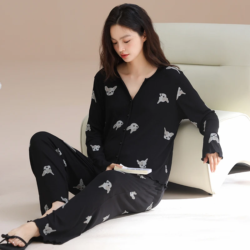 春秋季莫代尔长袖女士睡衣冰丝凉感性感纯欲薄款家居服套装可外穿