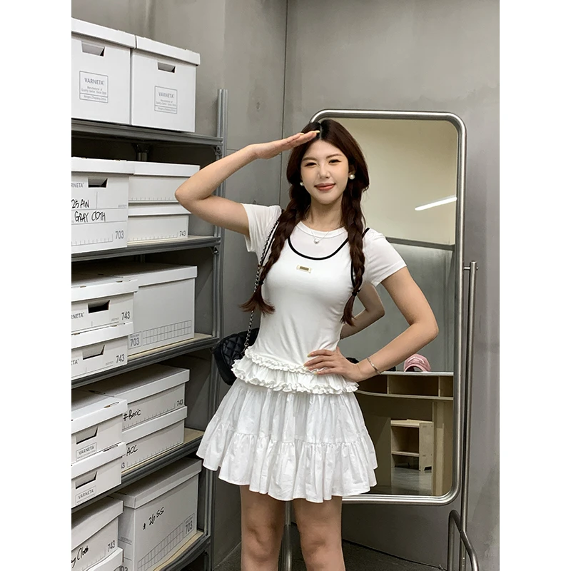 【胶囊假日】甜辣多多夏韩版修身显瘦假两件设计感拼接短袖T恤女