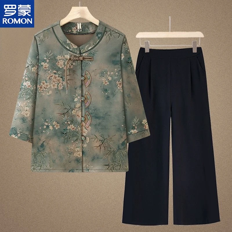 Romon/罗蒙奶奶装秋装新中式小衫老年人洋气妈妈夏装新款国风套装
