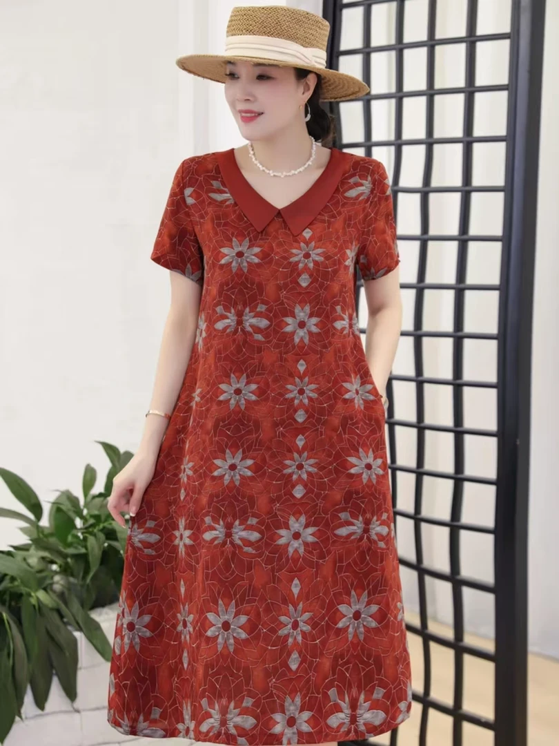 10004-夏季连衣裙中年女洋气遮肚显瘦中长裙遮肚减龄裙子【G仓】