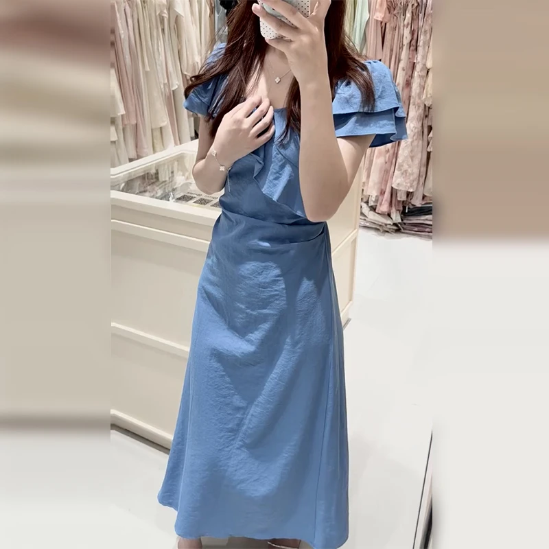 法式蓝色连衣裙子女装夏季2025新款爆款气质绝美独特漂亮收腰长裙