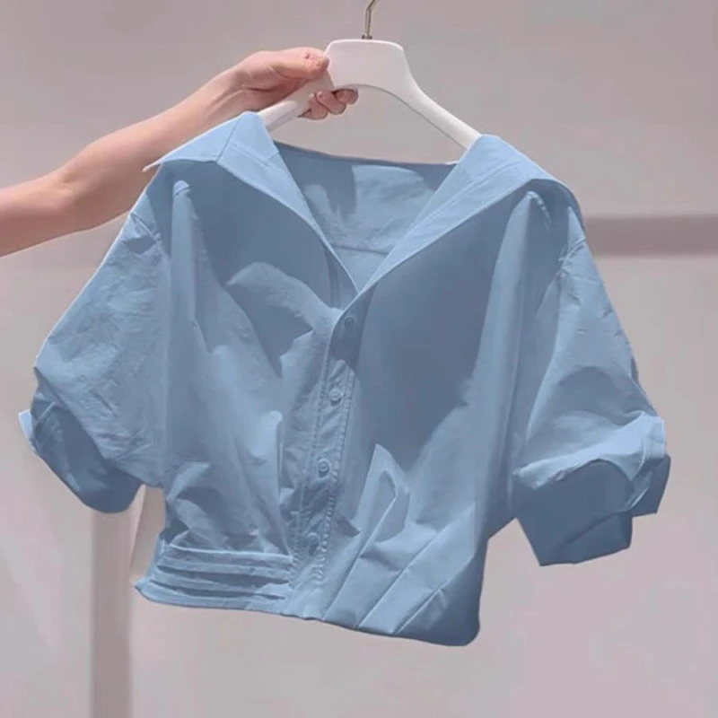 夏季法式短款纯色衬衫翻领0g时尚防晒衣洋气小个子多巴胺宽松女生