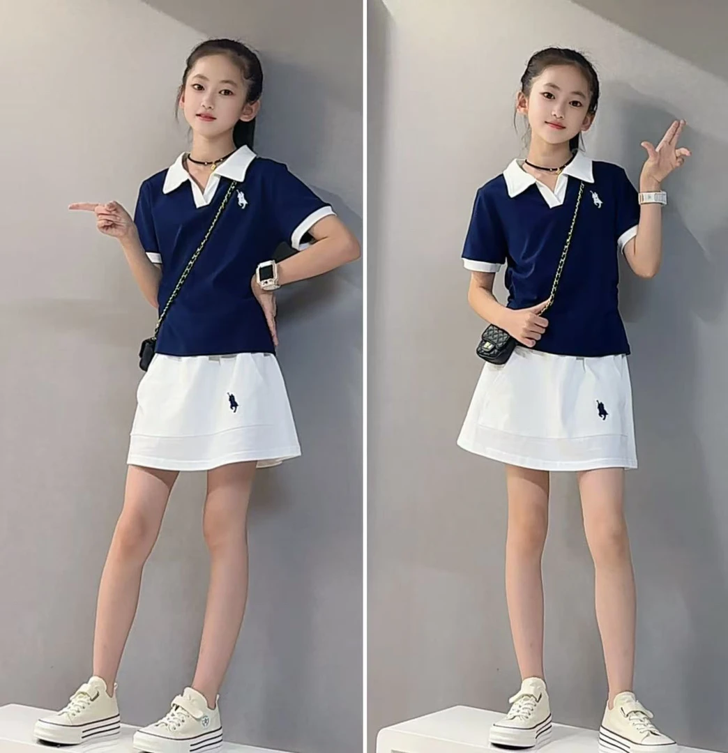 女童短袖运动套装夏薄款2025新款中大儿童学院风短裙两件套潮夏款