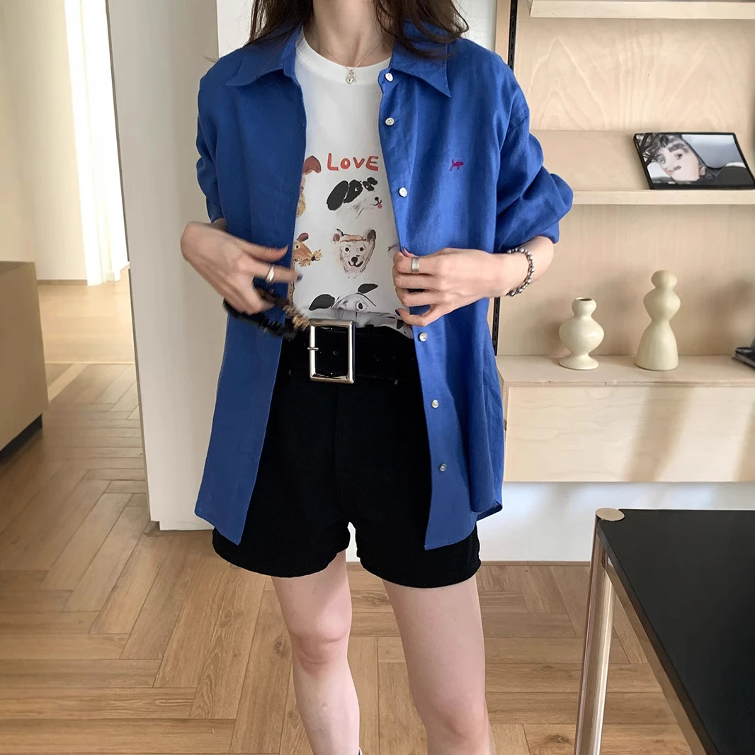 100亚麻克莱因蓝衬衫女长袖防晒衬衣夏季新款宽松百搭开衫上衣