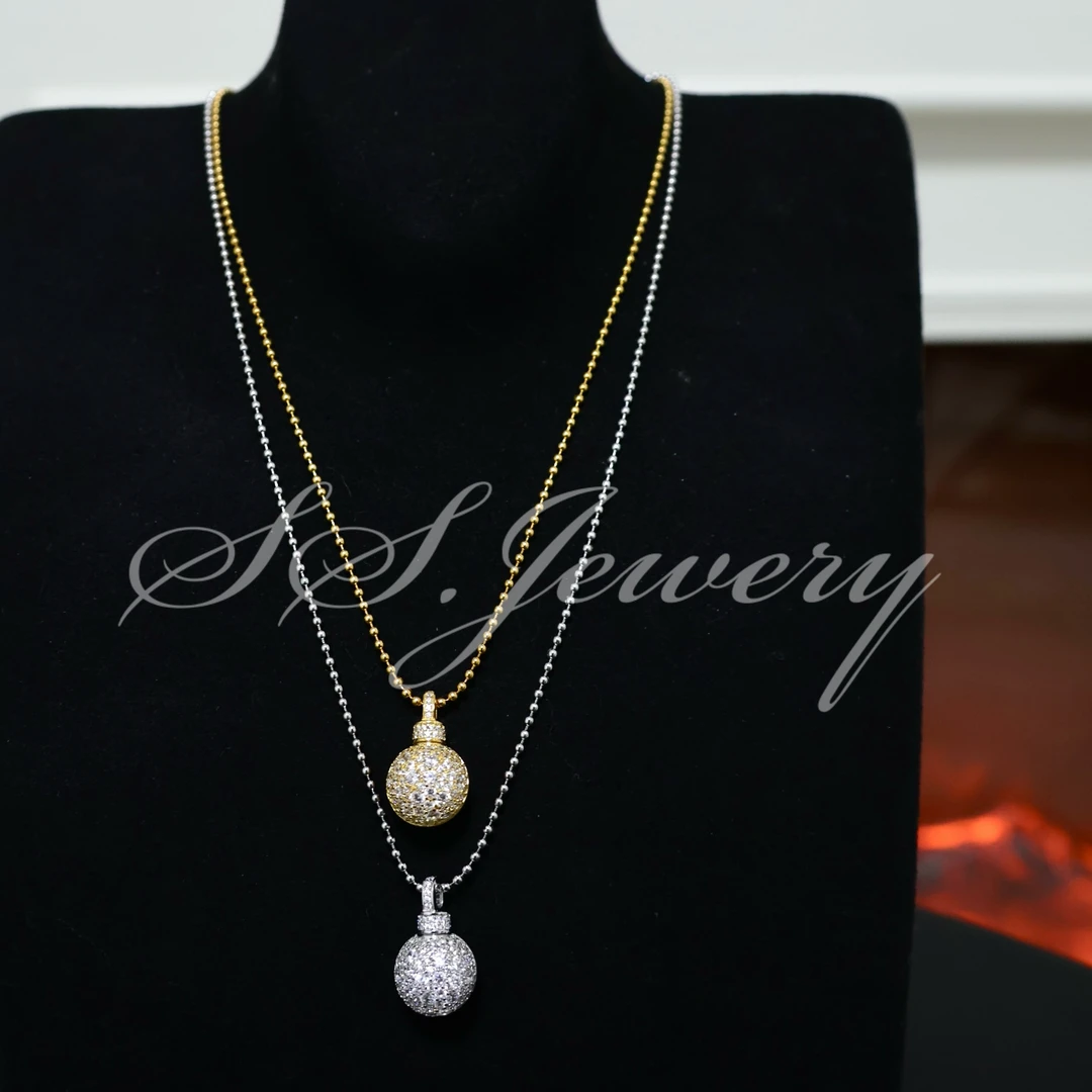 链子925银锆石 灯球拉丝工艺金色爆闪银项链