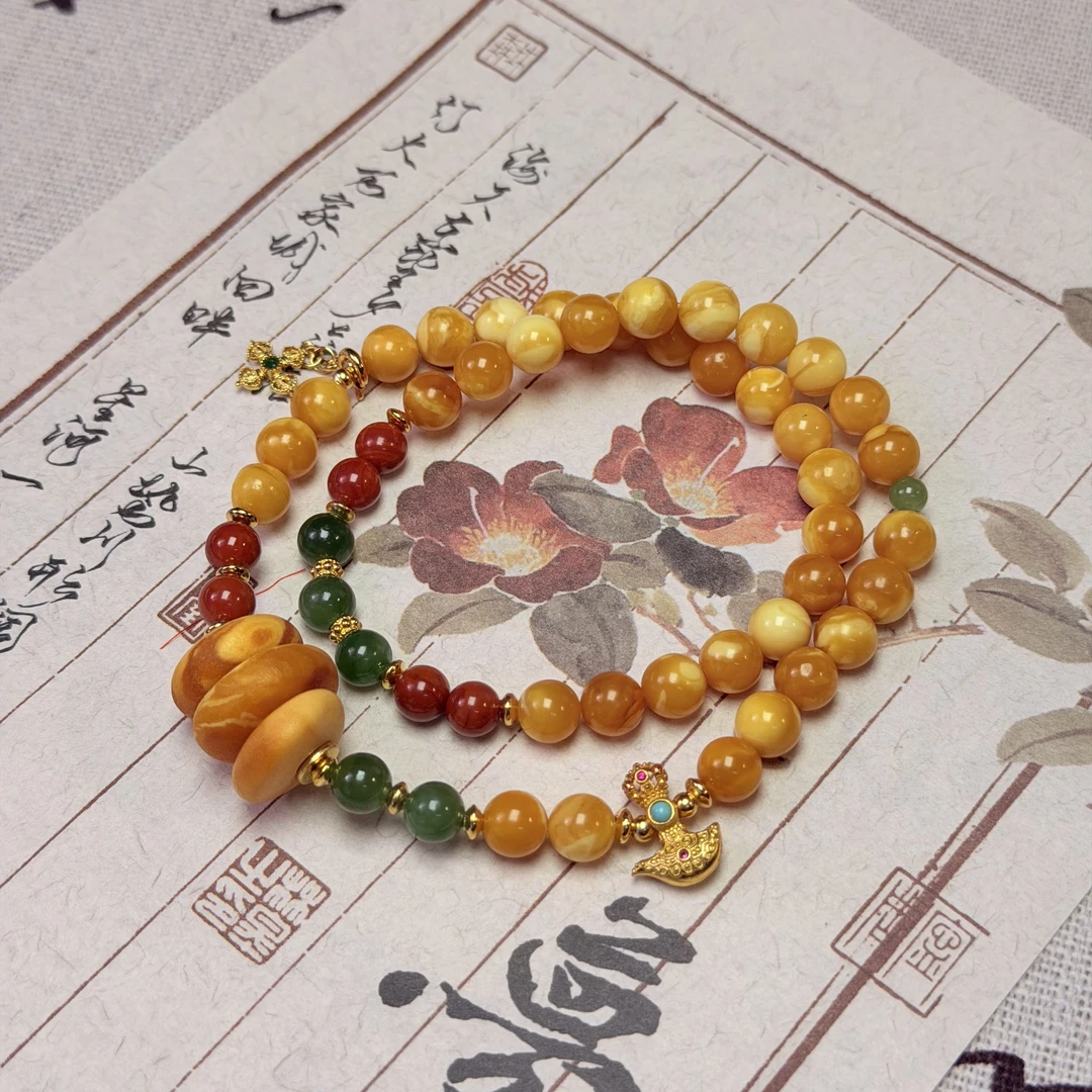 【鸿莱】ZX196811丹麦花蜡双圈手串diy石膏饼子&南红碧玉6mm+