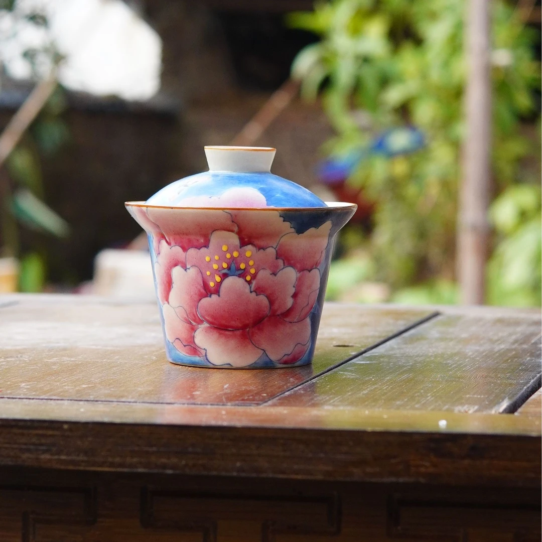 颜瓷青花斗彩牡丹二才盖碗陶瓷茶杯茶盖碗茶具手绘泡茶碗