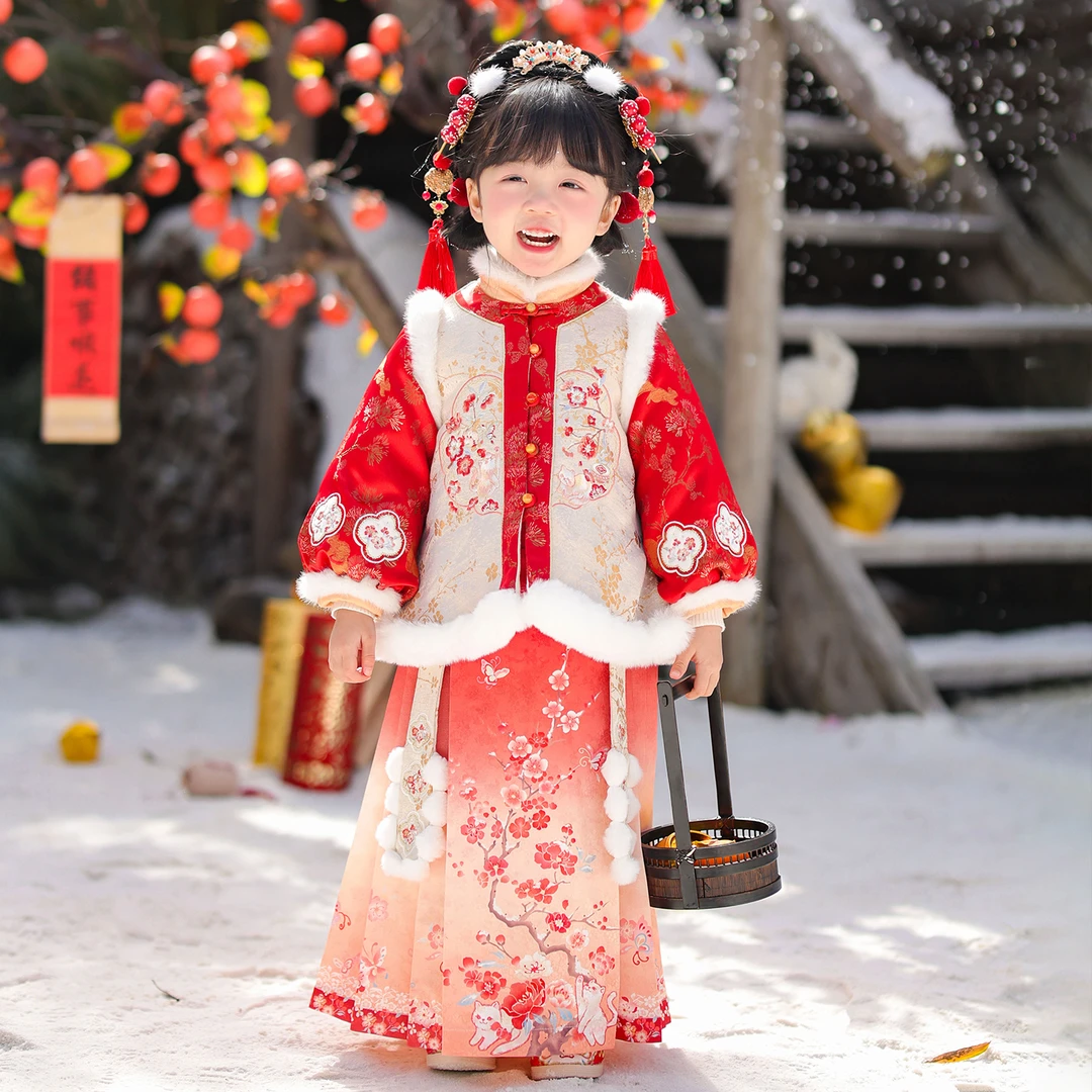 古月家.红锦 汉服女童冬款儿童新中式中国风仙气明制马面裙拜年服