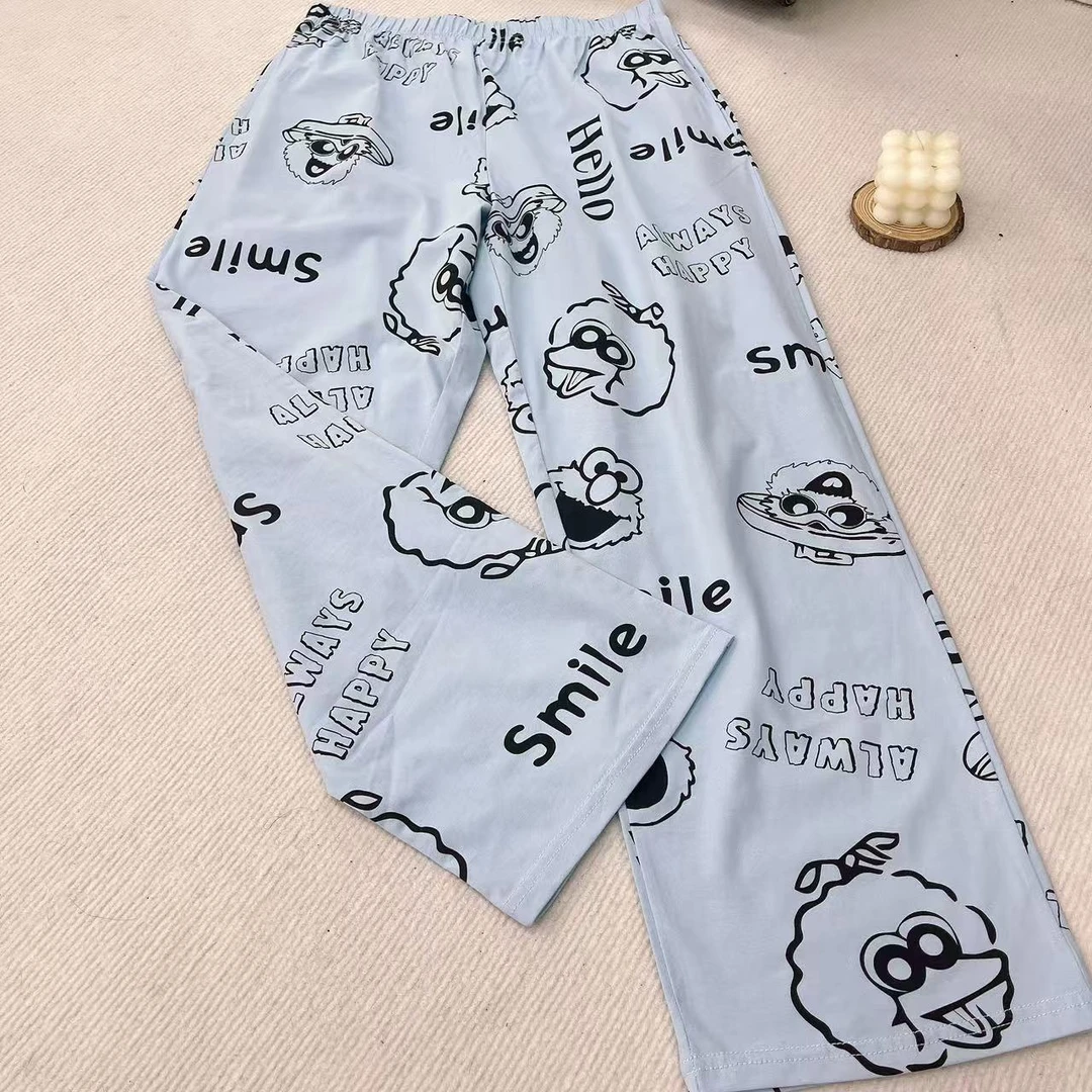 气质睡衣女长裤吸汗休闲舒适家居服印花卡通满印90-140斤家居裤